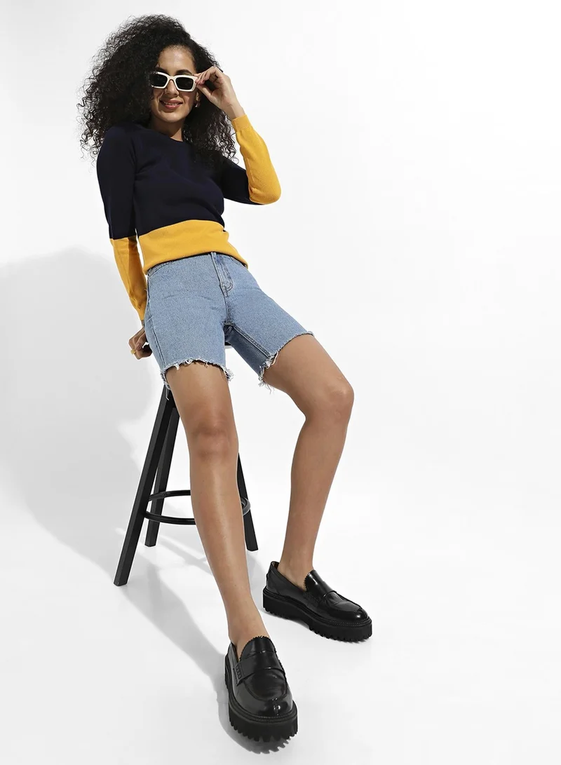 Pinacolada  Women's Contrast-Panel Pullover Sweater | Round Neck , Long Ribbed Sleeves , Pull On , Ribbed-Straight Hem | Colourblock Cotton-Blend Jacquard Material For Casual & Daily | Blue & Yellow for Women | Best Price UAE