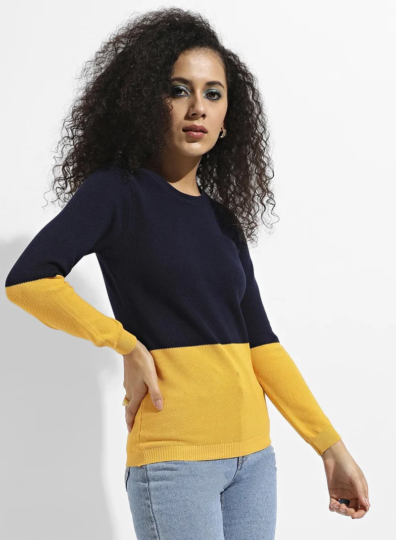 Pinacolada  Women's Contrast-Panel Pullover Sweater | Round Neck , Long Ribbed Sleeves , Pull On , Ribbed-Straight Hem | Colourblock Cotton-Blend Jacquard Material For Casual & Daily | Blue & Yellow for Women | Best Price UAE
