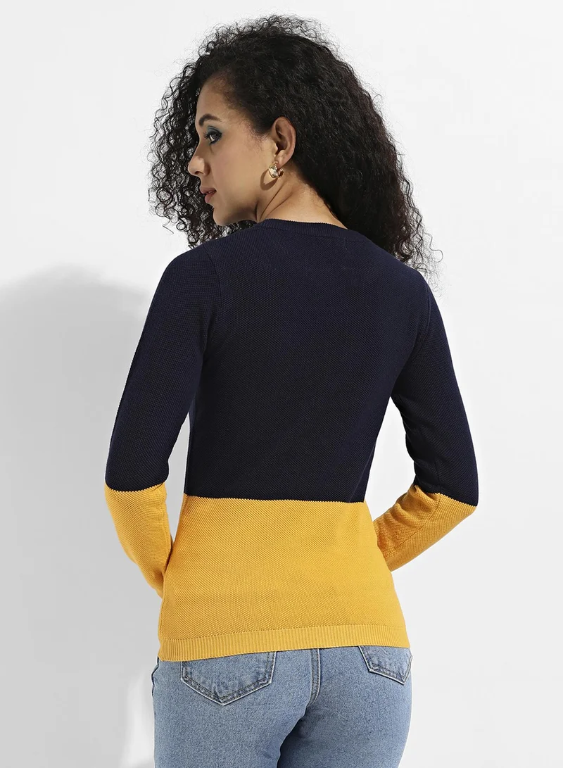 Pinacolada  Women's Contrast-Panel Pullover Sweater | Round Neck , Long Ribbed Sleeves , Pull On , Ribbed-Straight Hem | Colourblock Cotton-Blend Jacquard Material For Casual & Daily | Blue & Yellow for Women | Best Price UAE