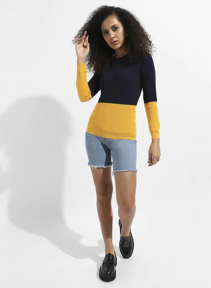 Pinacolada  Women's Contrast-Panel Pullover Sweater | Round Neck , Long Ribbed Sleeves , Pull On , Ribbed-Straight Hem | Colourblock Cotton-Blend Jacquard Material For Casual & Daily | Blue & Yellow for Women | Best Price UAE