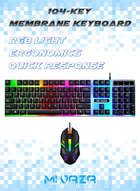 104-Key Membrane Keyboard - Wired Keyboard and Wired Mouse Set - Ergonomic Design - Gaming Keyboard and Office Keyboard - RGB Light - Computer Keyboard