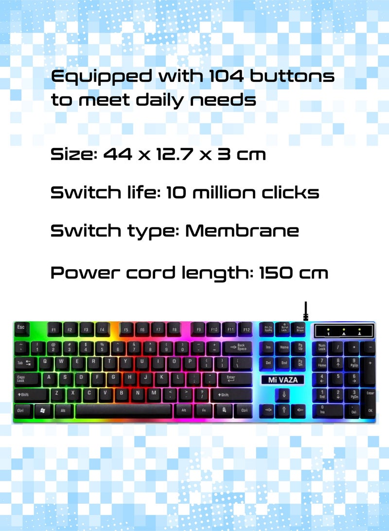 مي فازا لوحة مفاتيح غشائية بـ 104 مفاتيح - مجموعة لوحة مفاتيح سلكية وماوس سلكي - تصميم مريح - لوحة مفاتيح للألعاب ولوحة مفاتيح مكتبية - إضاءة RGB - لوحة مفاتيح كمبيوتر - Image 3
