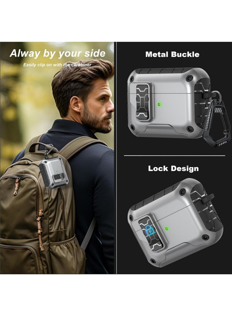 Adando Compatible with AirPods Pro 3 Case with Safety Lock, Dustproof Charging Port, Full Body Shockproof Hard Protector and Stand with Auto-lock (Silver) - Image 4