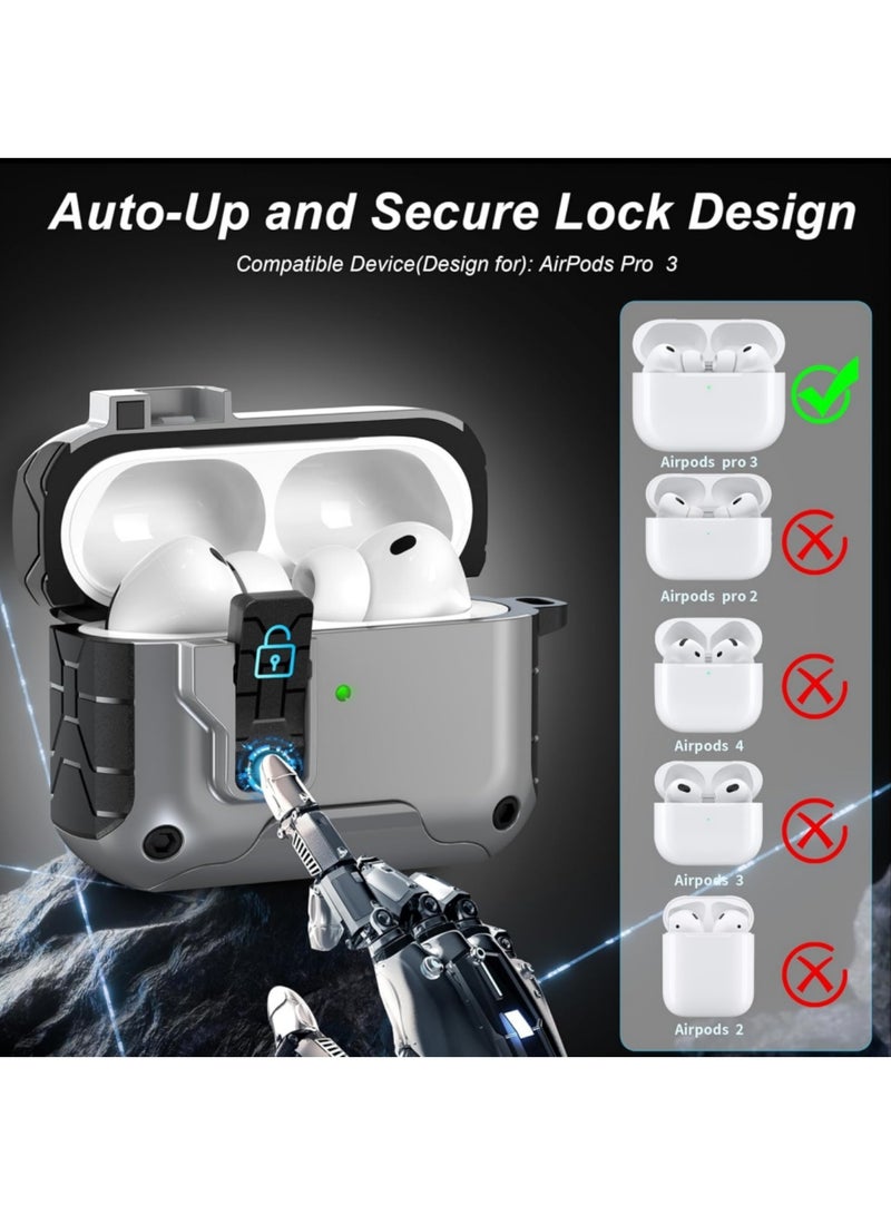 Adando Compatible with AirPods Pro 3 Case with Safety Lock, Dustproof Charging Port, Full Body Shockproof Hard Protector and Stand with Auto-lock (Silver) - Image 2