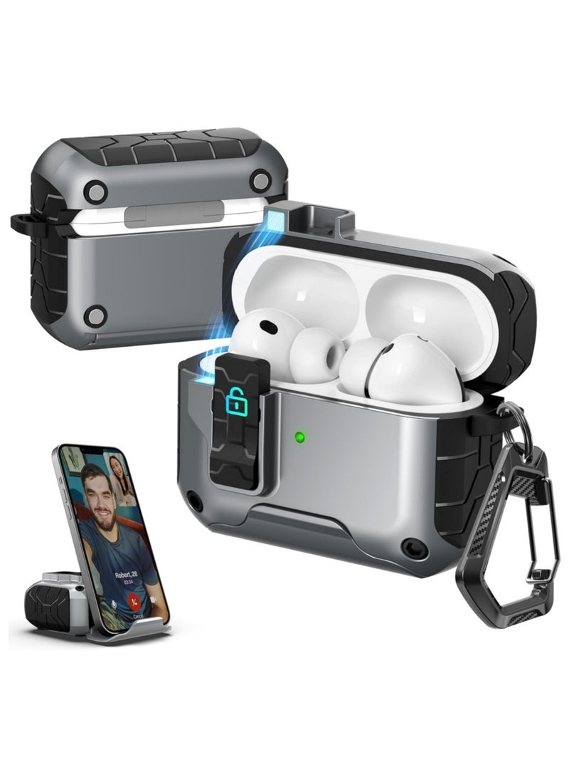 Adando Compatible with AirPods Pro 3 Case with Safety Lock, Dustproof Charging Port, Full Body Shockproof Hard Protector and Stand with Auto-lock (Silver) - Image 1