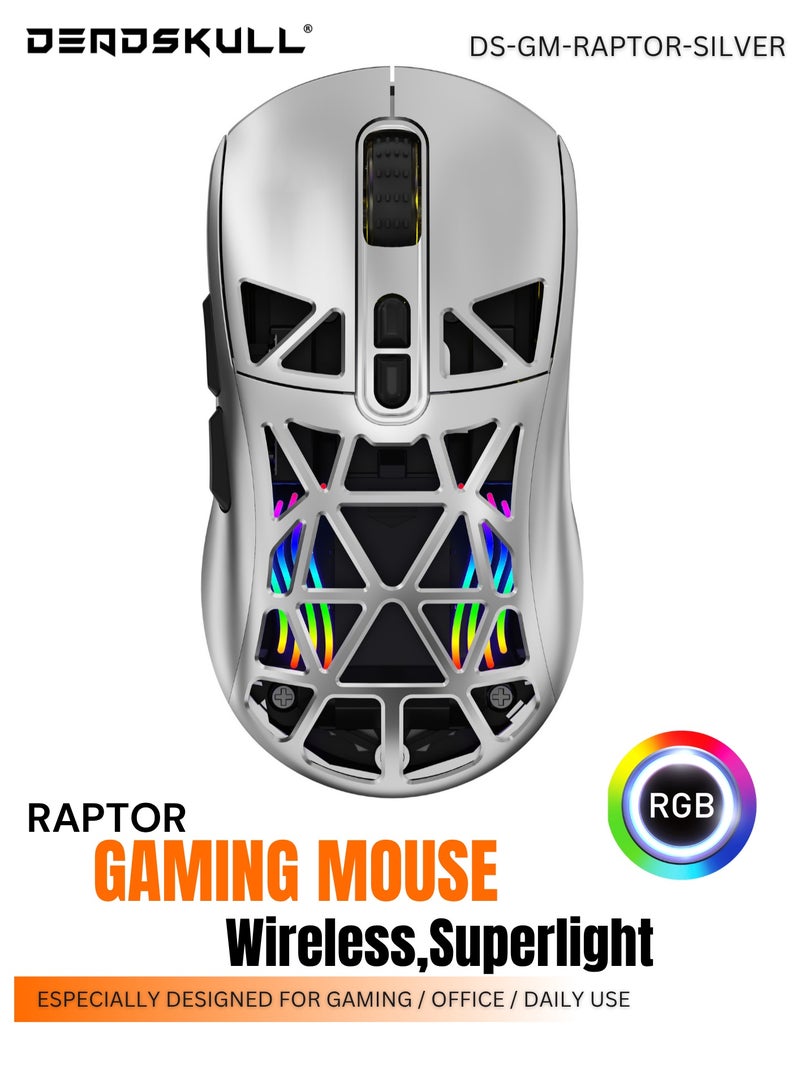 دايد سكل ماوس الألعاب فائق الخفة RAPTOR، ماوس ألعاب لاسلكي بمستشعر PixArt PAW3950، لاسلكي بدقة 8K، خفيف للغاية بوزن 48 غرام، يدعم الاتصال عبر البلوتوث/2.4 جيجا هرتز/سلكي، دقة DPI قابلة للتعديل تصل إلى 42000، متوافق مع ويندوز 11/إكس بوكس/بلاي ستيشن/ماك - Image 1