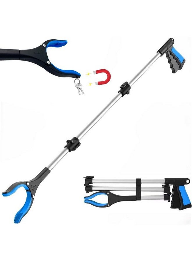 FitPlus 2024 Upgrade PowerGrip T9, Extra Long Grabber Reacher Tool, Wide Jaw, Foldable Trash Pickup Tool, Steel Cable, with 96 Grip Points for Firm Grip, 32" with Magnet (Blue, 43 Inch) - Image 1