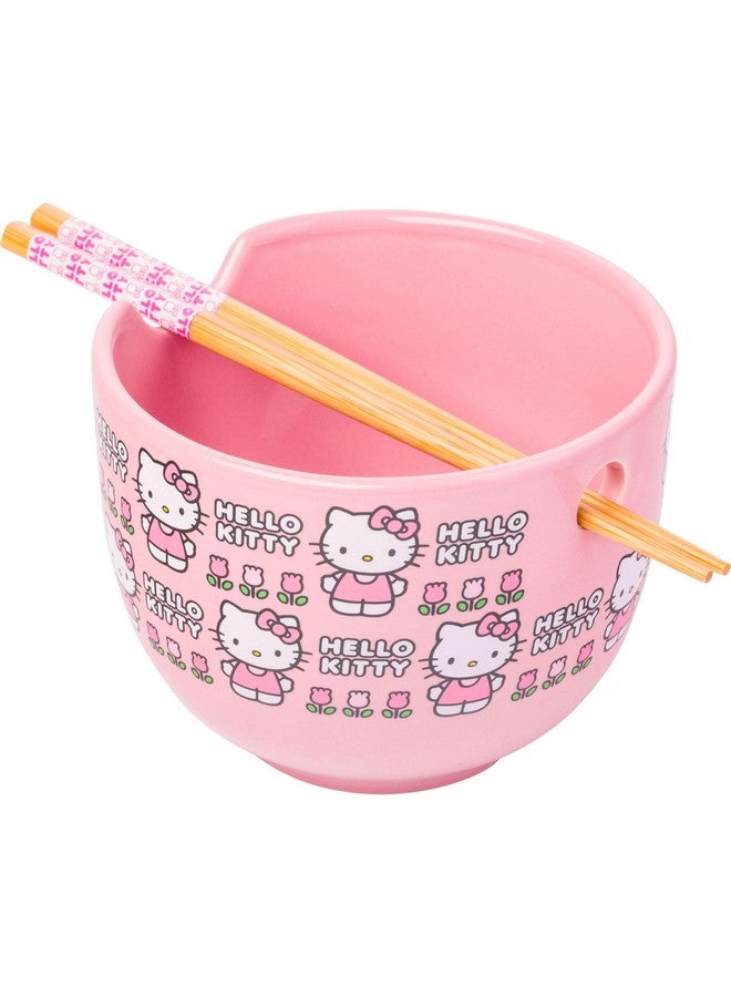 Silver Buffalo Sanrio Hello Kitty Flowers Pattern Ceramic Ramen Noodle Rice Bowl with Chopsticks, Microwave Safe, 20 Ounces - Image 1