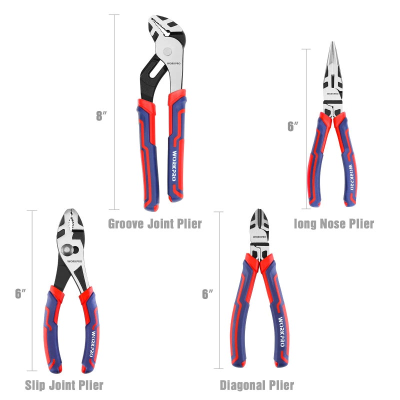 WORKPRO 4-Piece Pliers Set - Premium CR-V Construction Tool Set Including Long Nose, Diagonal Cutting, Groove Joint and Slip Joint Pliers - Red - Image 2