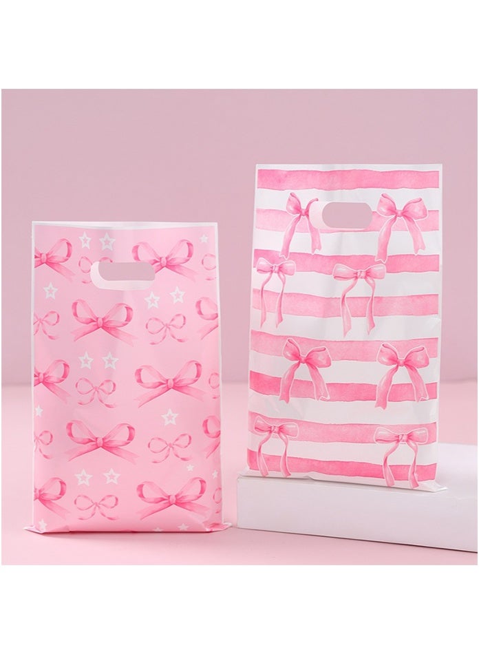 OASIS DESERT 100-Piece Plastic Gift Bags, Printed With Pink Bow Patterns, With Handles, Suitable For Occasions Such As Mother's Day, Weddings, Birthdays, Etc. Size: 16.5*25 Centimeters. - Image 2