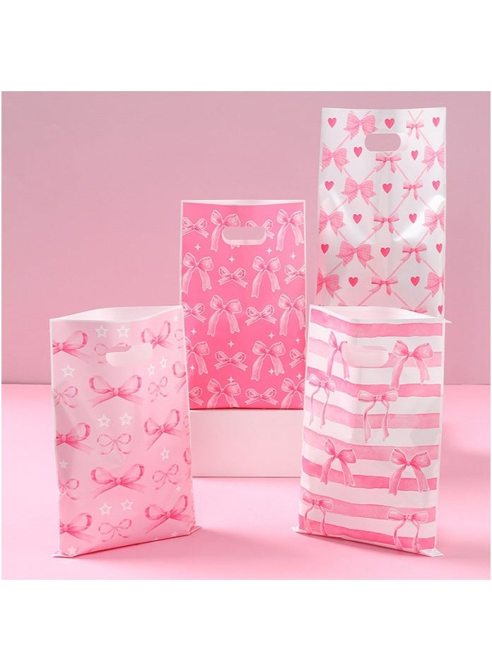 OASIS DESERT 100-Piece Plastic Gift Bags, Printed With Pink Bow Patterns, With Handles, Suitable For Occasions Such As Mother's Day, Weddings, Birthdays, Etc. Size: 16.5*25 Centimeters. - Image 1