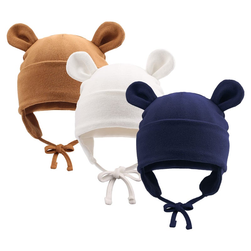 JANGANNSA Bear Cotton Newborn Hat Ear Flap Baby Hospital Cap New Born Warm Beanie for Boys Girls Autumn Winter WhiteNavy BlueCoffee 06 Months