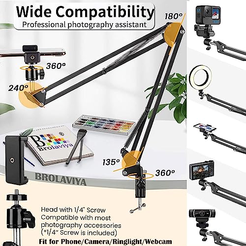 BROLAVIYA Overhead Video Mobile Stand, Metal Long Arm,1/4" Ball Head Male for Camera,Gopro Webcams,Mobile Bracket for Video,Desktop,Bedroom, Office, Table Mount, Black - Image 2