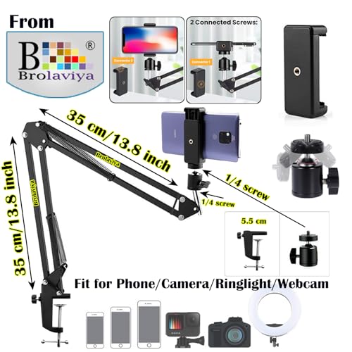 BROLAVIYA Overhead Video Mobile Stand, Metal Long Arm,1/4" Ball Head Male for Camera,Gopro Webcams,Mobile Bracket for Video,Desktop,Bedroom, Office, Table Mount, Black - Image 4