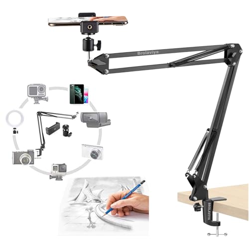 BROLAVIYA Overhead Video Mobile Stand, Metal Long Arm,1/4" Ball Head Male for Camera,Gopro Webcams,Mobile Bracket for Video,Desktop,Bedroom, Office, Table Mount, Black - Image 1