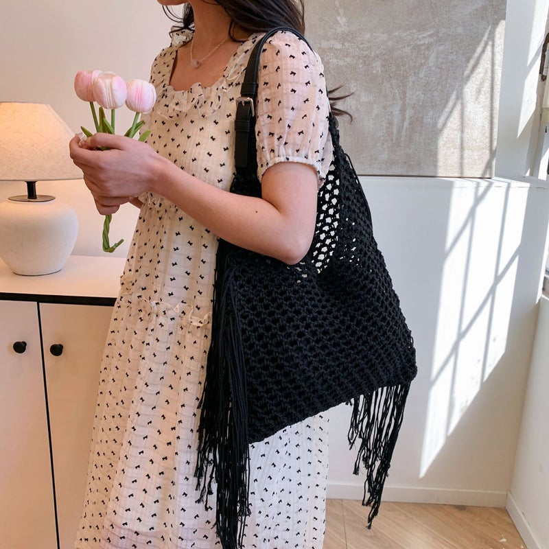 Retro Tassel Bag Women'S Hollow Hand-Woven Bag Beach Bag New Commuter Women'S Shoulder Versatile Tote Bag - Image 4