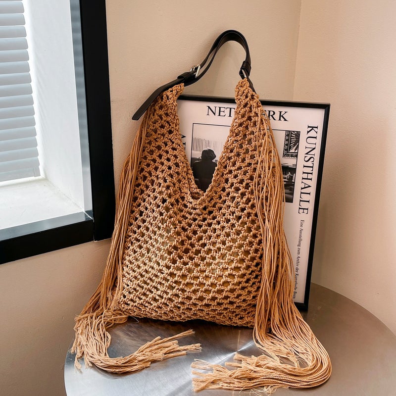 Retro Tassel Bag Women'S Hollow Hand-Woven Bag Beach Bag New Commuter Women'S Shoulder Versatile Tote Bag - Image 2