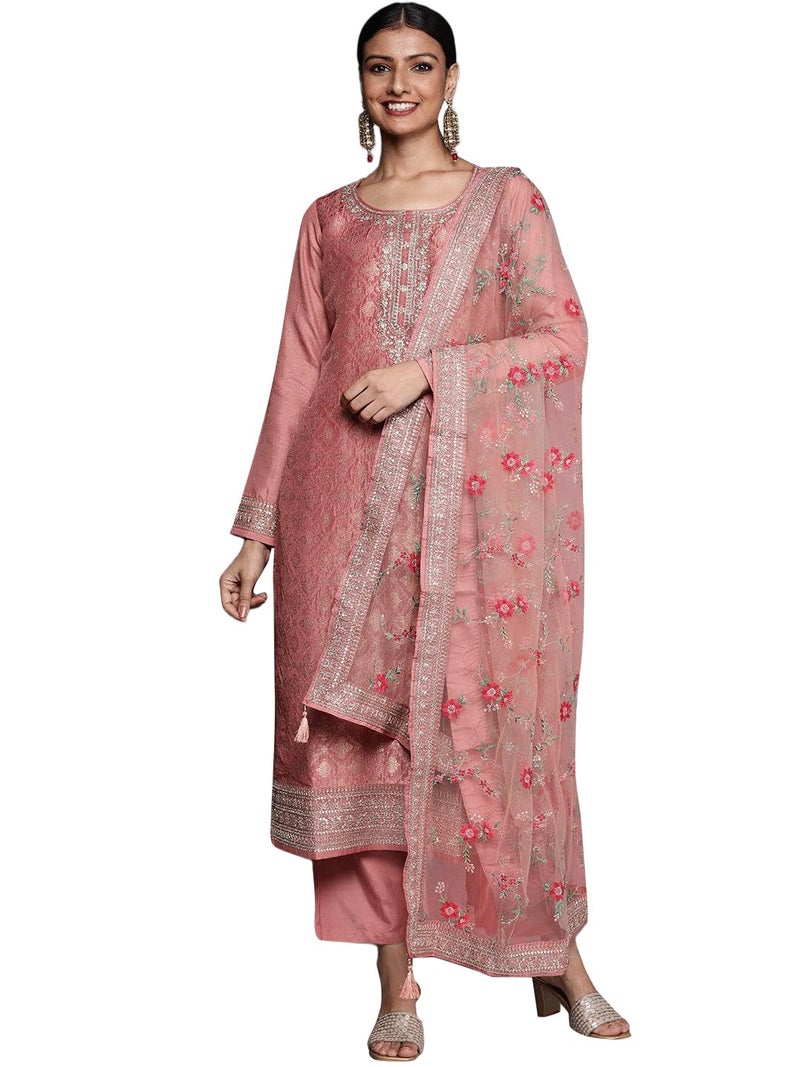 Libas Womens Self Design Silk Blend Straight Kurta With Trousers and Dupatta - Image 1