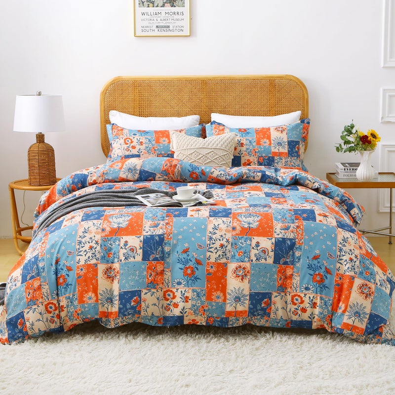 Mooreeke Duvet Cover King Size, 3 Piece Boho Montage Floral Duvet Cover Set with Zipper Closure, Soft & Breathable Microfiber Botanical Patterns Bedding Set with 4 Corner Ties and 2 Pillow Shams - Image 1