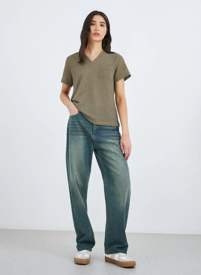 تايك تو Take Two Green Textured V Neck T-Shirt with Patch Pocket