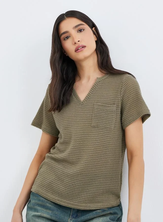 تايك تو Take Two Green Textured V Neck T-Shirt with Patch Pocket