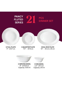 LARAH BY BOROSIL Larah by Borosil Pansy Fluted Series Opalware Dinner Set | 21 Pieces for Family of 6 | Microwave & Dishwasher Safe | Bone-Ash Free | Crockery Set for Dining & Gifting | Plates & Bowls | White  - Image 2