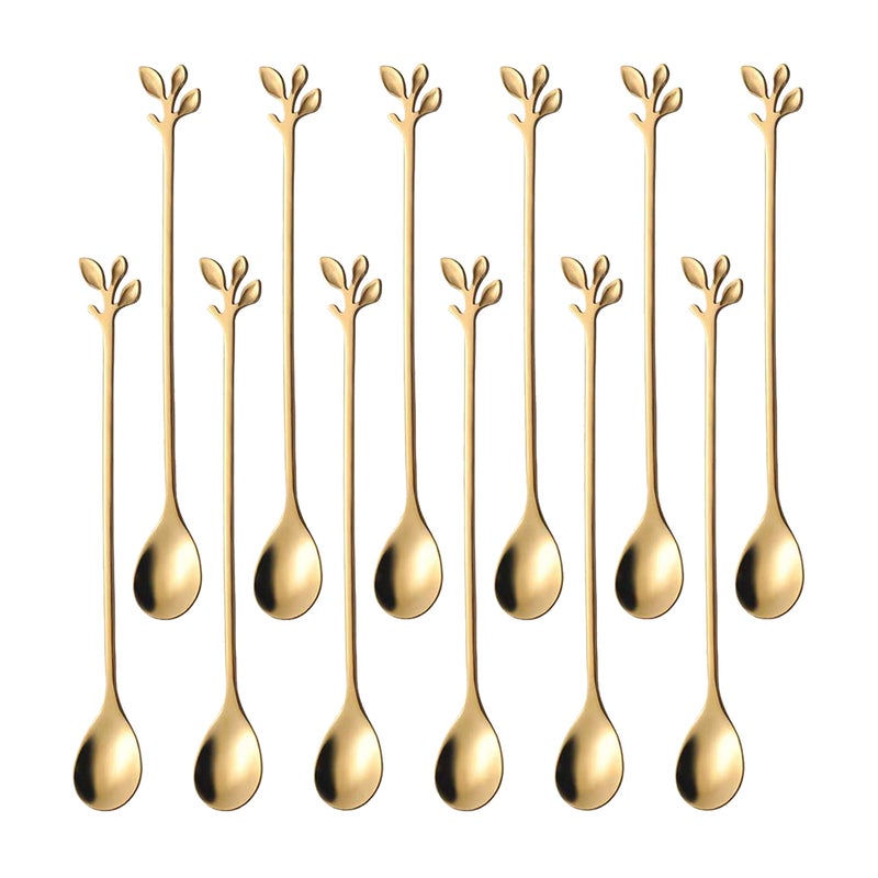 Long Handle Iced Tea Spoons Set of 12 Comicfs 76 Ice Cream Spoon Creative Gold Leaf Cocktail Stirring Spoons Premium Food Grade Stainless Steel Mirror Finish  Dishwasher Safe 12 Pcs Gold