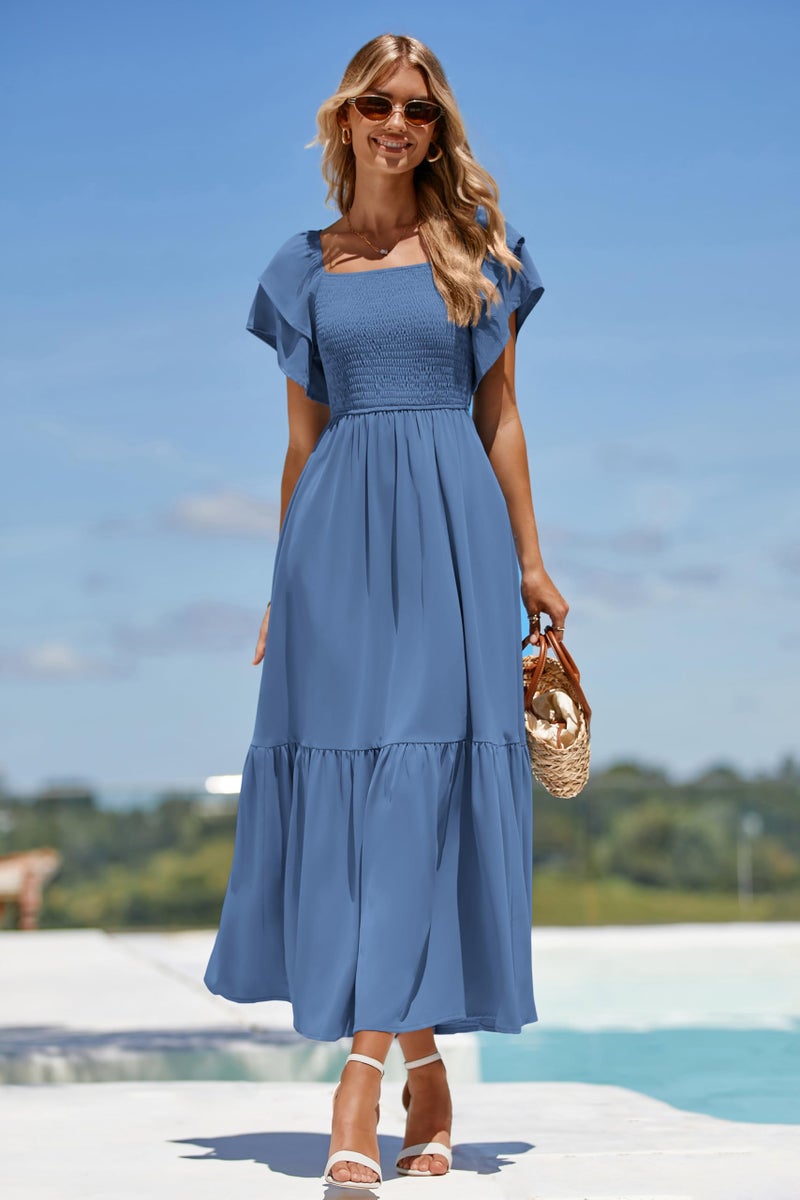 MASCOMODA Womens Summer Casual Midi Dress Square Neck Ruffle Short Sleeve Smocked High Waist A Line Wedding Guest Dresses(Blue,XX-Large) - Image 4