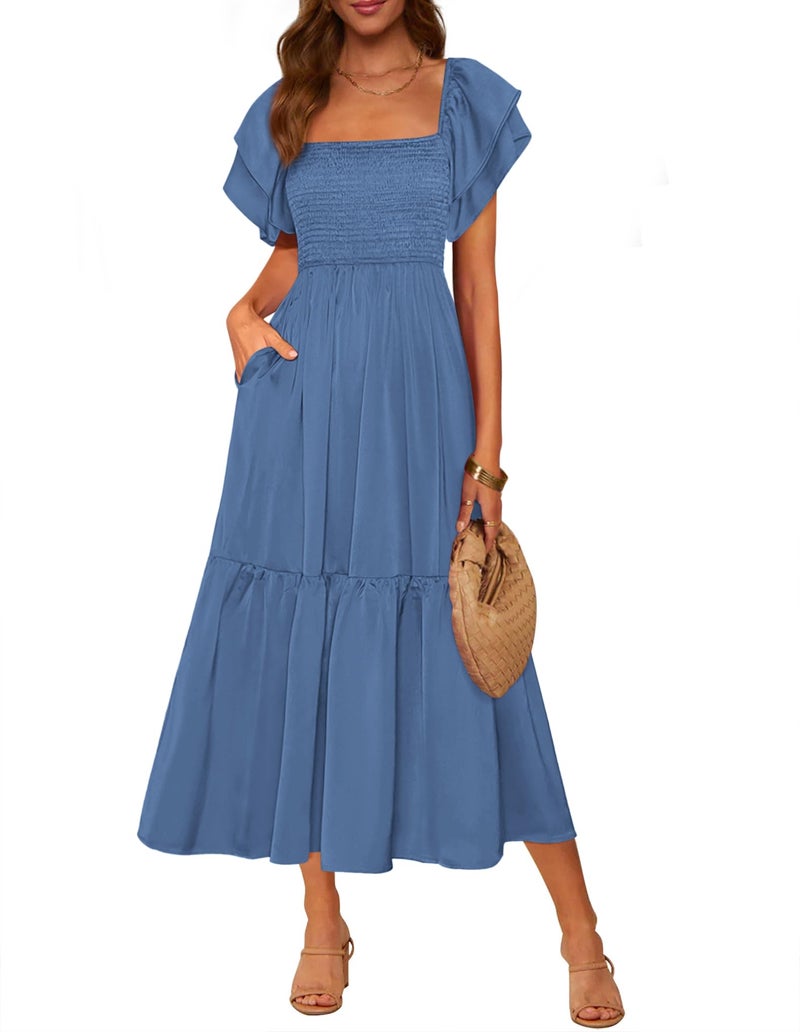 MASCOMODA Womens Summer Casual Midi Dress Square Neck Ruffle Short Sleeve Smocked High Waist A Line Wedding Guest Dresses(Blue,XX-Large) - Image 1