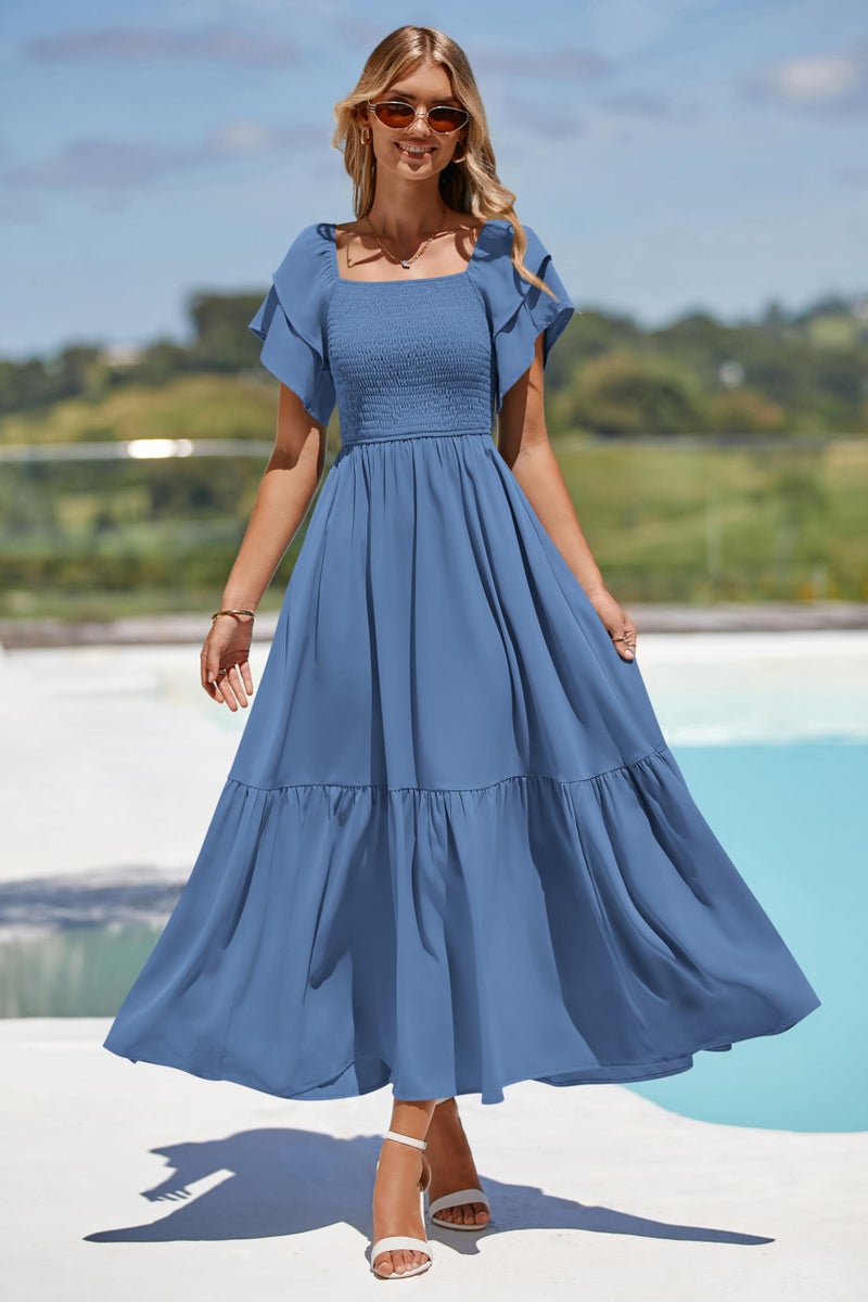 MASCOMODA Womens Summer Casual Midi Dress Square Neck Ruffle Short Sleeve Smocked High Waist A Line Wedding Guest Dresses(Blue,XX-Large) - Image 5