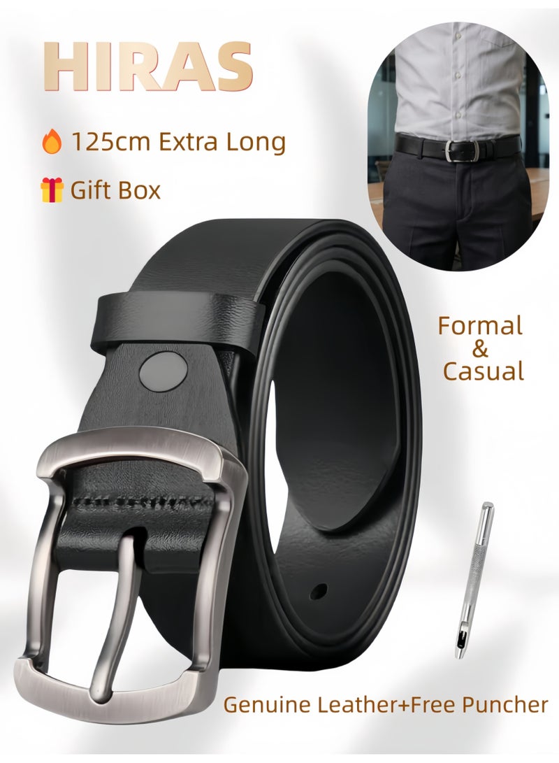 حِرَاس حزام رجالي من الجلد الطبيعي أسود - 125 سم للاستخدام الرسمي والكاجوال مع إبزيم قابل للتعديل، حزام جلد للجينز والبدلة الرجالية، يشمل أداة ثقب مجانية وعلبة هدايا - Image 1
