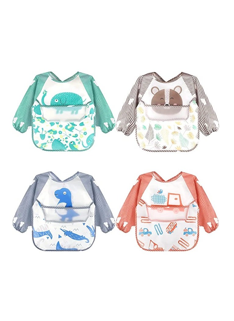 KASTWAVE - Baby Long Sleeve Bibs, Waterproof Bibs with Pocket, Baby Sleeved Bib, Toddler Smocks, Unisex Feeding Weaning Bib for Infant Toddler 6 Months to 3 Years Old 4 Pcs - Image 1