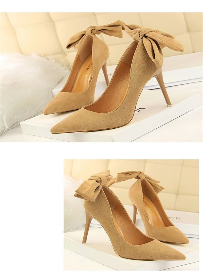 BIGTREE حذاء بكعب عالٍ من الجلد المدبوغ بمقدمة مدببة 10.5 سم، بيج - Image 3