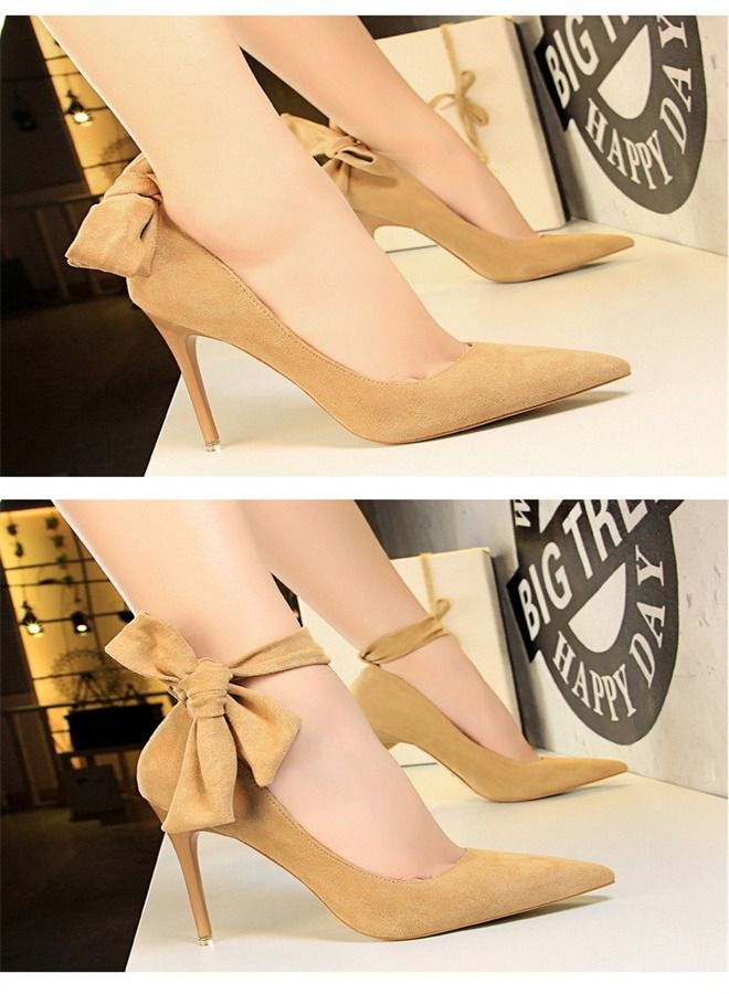 BIGTREE حذاء بكعب عالٍ من الجلد المدبوغ بمقدمة مدببة 10.5 سم، بيج - Image 2