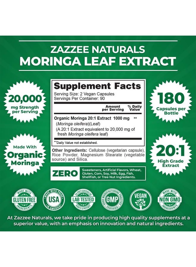 Zazzee Organic Moringa 20:1 Extract, 20,000 mg Strength, 180 Vegan Capsules, 100% Pure Oleifera Leaf Superfood, Concentrated and Standardized 20X Extract, All-Natural, Non-GMO, Made in The USA  - Image 3