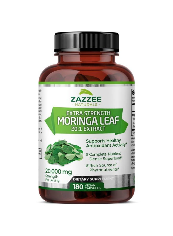 Zazzee Organic Moringa 20:1 Extract, 20,000 mg Strength, 180 Vegan Capsules, 100% Pure Oleifera Leaf Superfood, Concentrated and Standardized 20X Extract, All-Natural, Non-GMO, Made in The USA  - Image 1