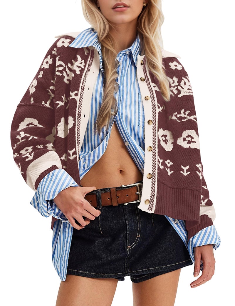 MISSACTIVER Floral Print Button Down Cardigan Sweaters for Women Long Sleeve V Neck Open Front Knit Crop Tops Fall Jacket Brown - Image 1