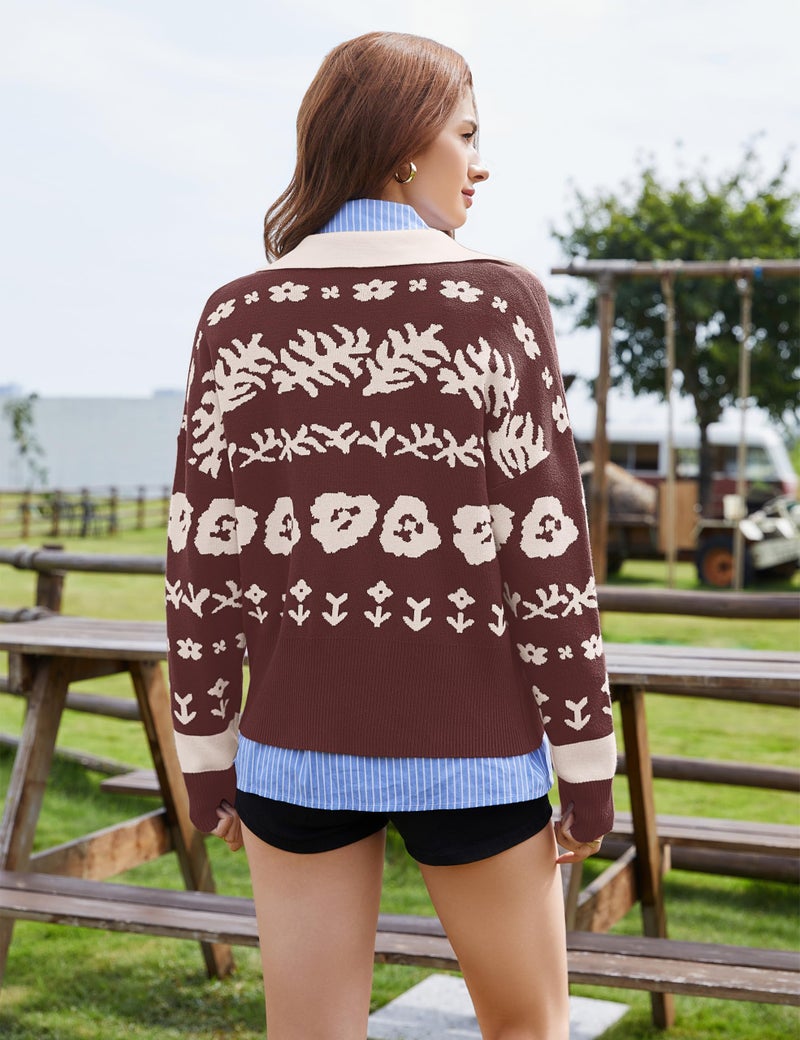 MISSACTIVER Floral Print Button Down Cardigan Sweaters for Women Long Sleeve V Neck Open Front Knit Crop Tops Fall Jacket Brown - Image 4