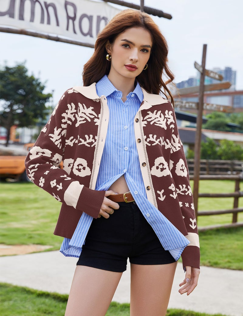 MISSACTIVER Floral Print Button Down Cardigan Sweaters for Women Long Sleeve V Neck Open Front Knit Crop Tops Fall Jacket Brown - Image 2