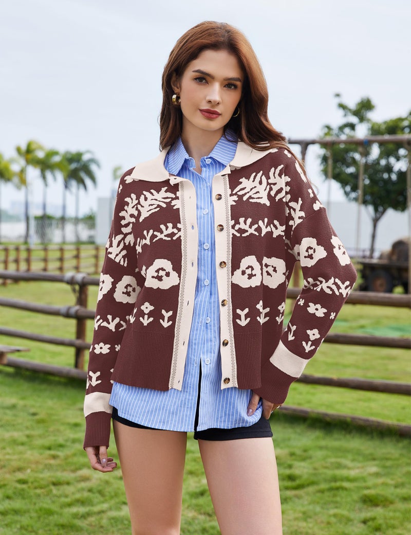 MISSACTIVER Floral Print Button Down Cardigan Sweaters for Women Long Sleeve V Neck Open Front Knit Crop Tops Fall Jacket Brown - Image 3