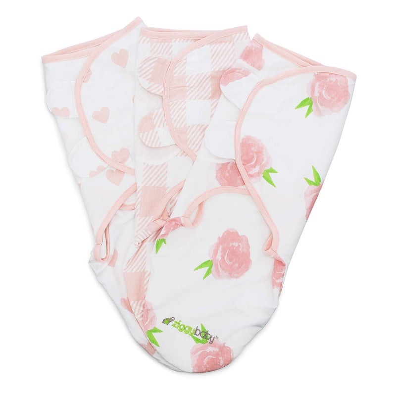 Ziggy Baby Baby Girl Swaddle Blanket Adjustable Wrap Set Size SmallMedium 03 Months  3 Pack  Pink Peony Pink Heart Pink Buffalo Plaid  Newborn Swaddle Baby Swaddles