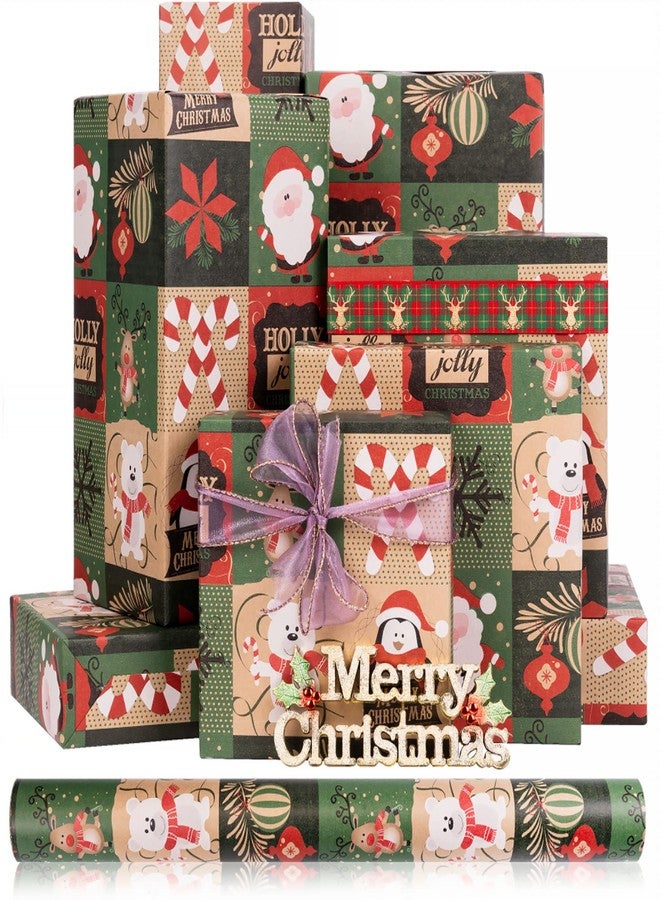 Rancco Christmas Wrapping Paper Rolls for Holiday Gift Wrap, 590x17.7inch Vintage Kraft Gift Wrapping Paper w/Snowflake, Candy Cane, Reindeer, Santa Claus, Bear, Christmas Ornaments - Image 1