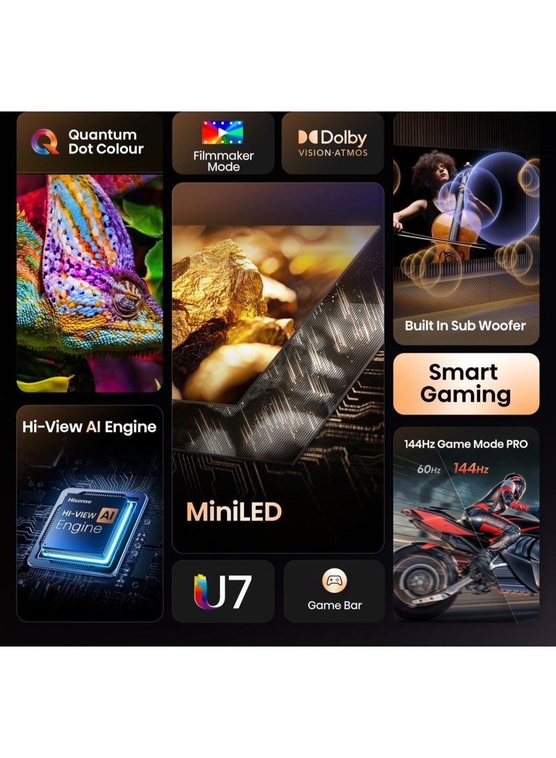 Hisense 65 Inch ULED MiniLED Smart TV 4K, Hi-View AI Engine, 144Hz Game Mode PRO, Built-in Subwoofer, QLED, Dolby Vision.Atmos, 65U7Q black - Image 3