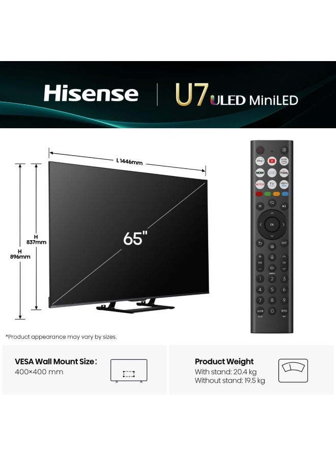 Hisense 65 Inch ULED MiniLED Smart TV 4K, Hi-View AI Engine, 144Hz Game Mode PRO, Built-in Subwoofer, QLED, Dolby Vision.Atmos, 65U7Q black - Image 2