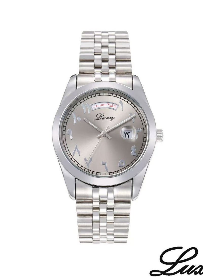 Men's steel wristwatch with Arabic numerals, Rolex style, water resistant, modern and high quality, silver bracelet with a gray dial