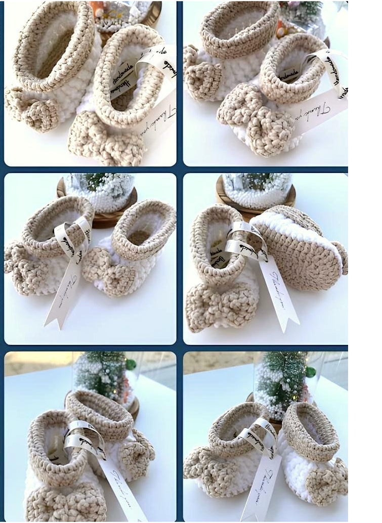 Braidise Creations - Braided Baby Booties White and brown with bow, 4 inch sole for new born, 2 to 6 months baby feet - Image 1