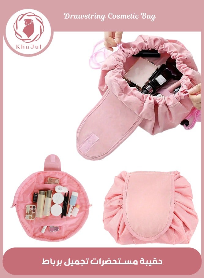 KHAJUL Drawstring Cosmetic Bag for Women - Travel toiletry bag for Barrel Make Up Organizer Bag with Brush Area (Pink) - Image 1