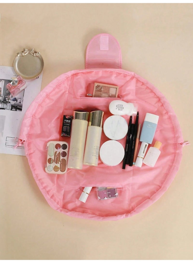 KHAJUL Drawstring Cosmetic Bag for Women - Travel toiletry bag for Barrel Make Up Organizer Bag with Brush Area (Pink) - Image 2