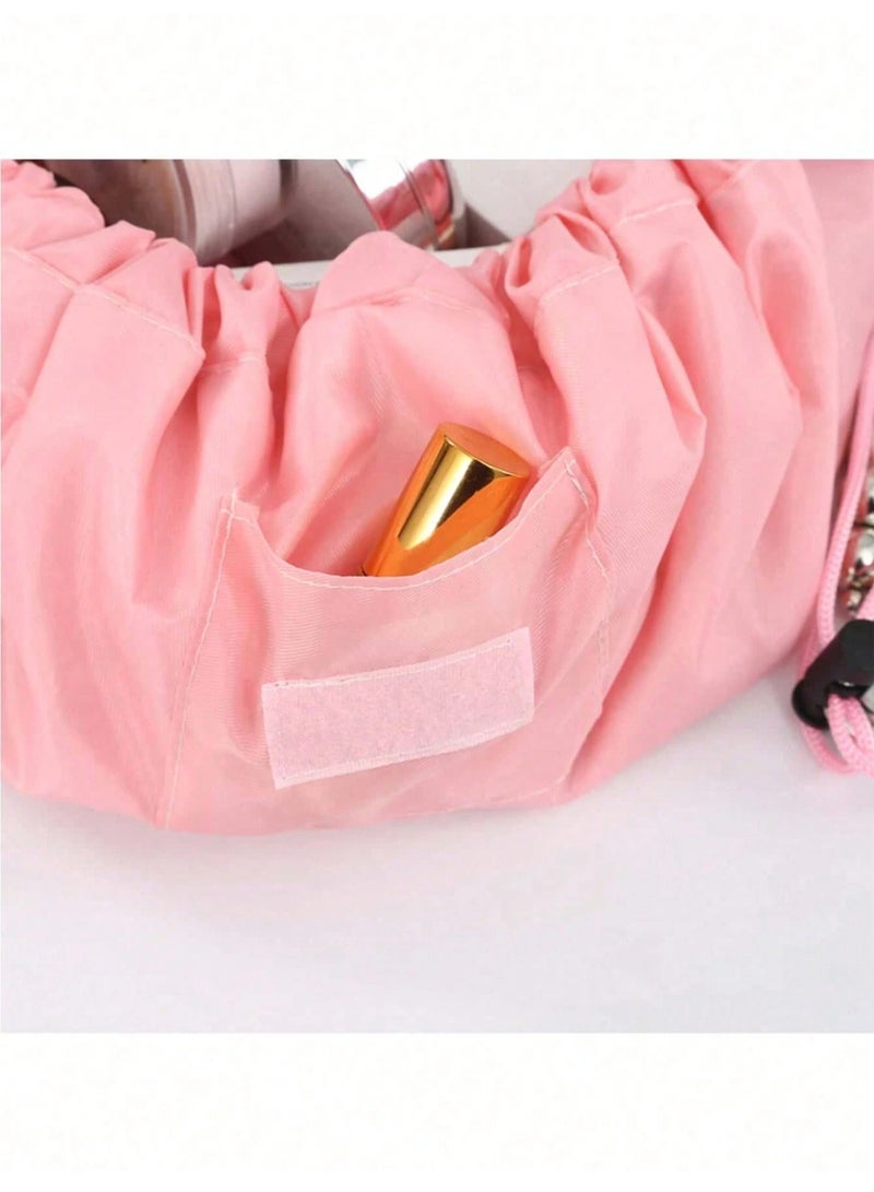 KHAJUL Drawstring Cosmetic Bag for Women - Travel toiletry bag for Barrel Make Up Organizer Bag with Brush Area (Pink) - Image 3