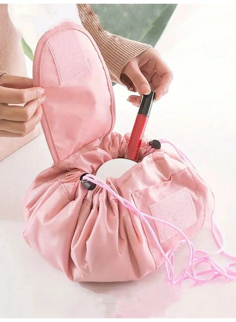 KHAJUL Drawstring Cosmetic Bag for Women - Travel toiletry bag for Barrel Make Up Organizer Bag with Brush Area (Pink) - Image 4